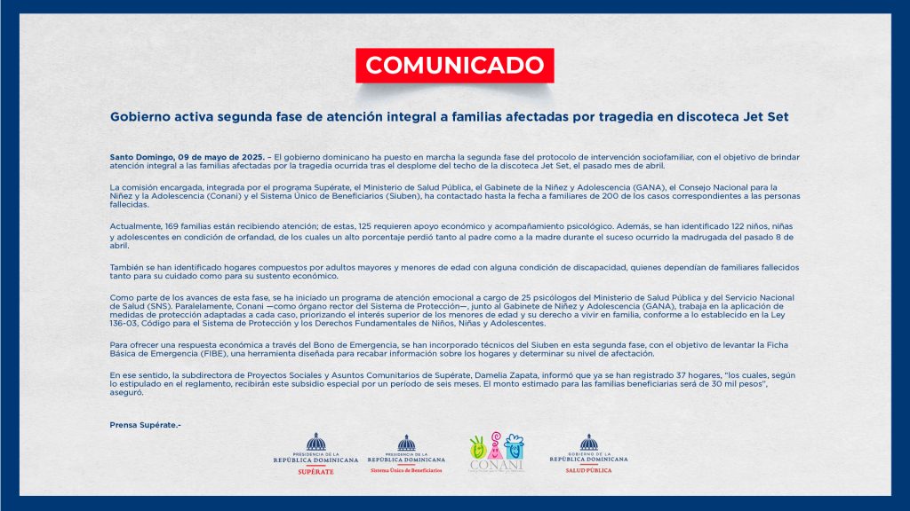 Gobierno activa segunda fase de atención integral a familias afectadas por tragedia en discoteca Jet Set