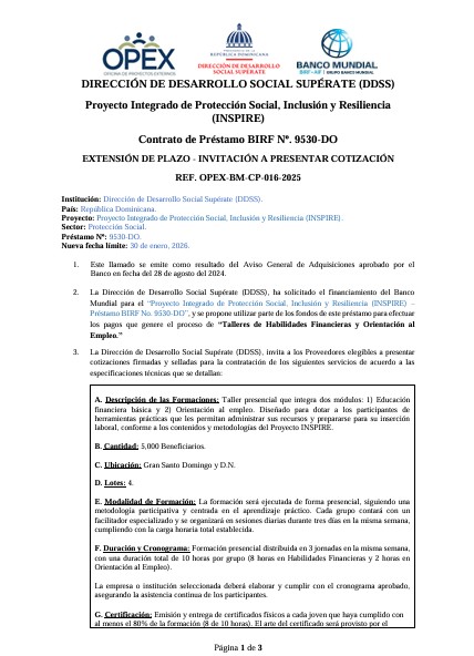 EXTENSIÓN DE PLAZO – INVITACIÓN A PRESENTAR COTIZACIÓNREF. OPEX-BM-CP-016-2025