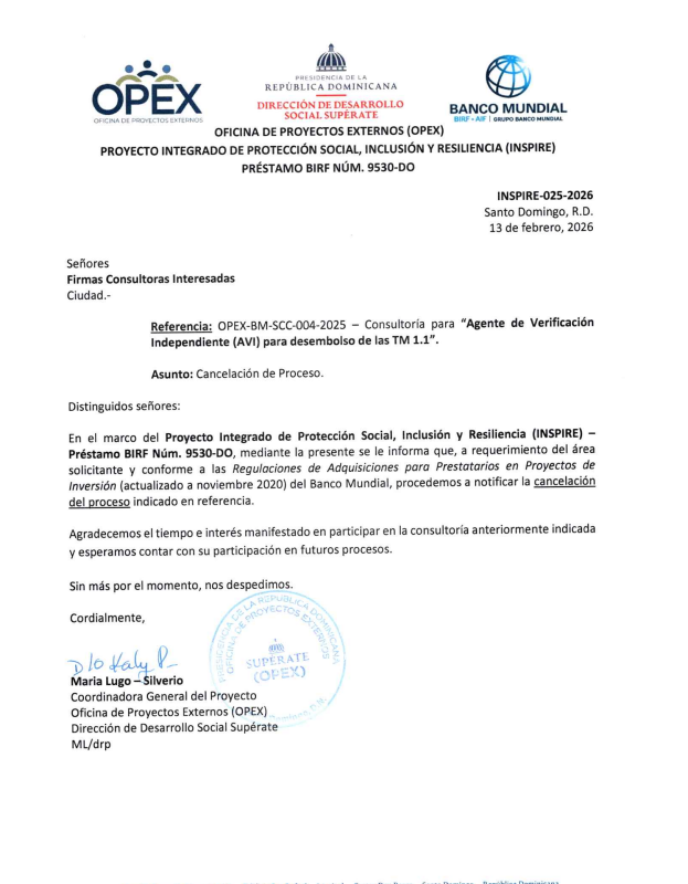 Cancelación del proceso OPEX-BM-SCC-004-2025 para la Consultoría «Agente de Verificación Independiente (AVI)»